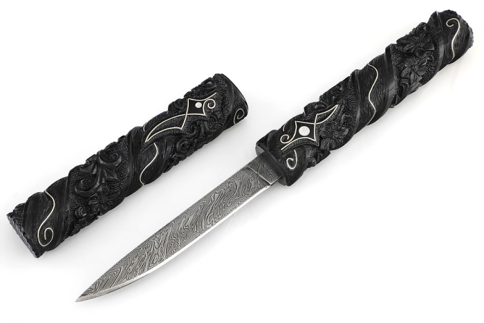 Нож Дамский №4 дамаск черный граб инкрустация резьба деревянные ножны