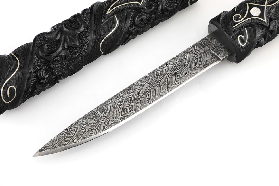 Нож Дамский №4 дамаск черный граб инкрустация резьба деревянные ножны
