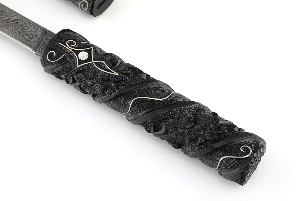 Нож Дамский №4 дамаск черный граб инкрустация резьба деревянные ножны