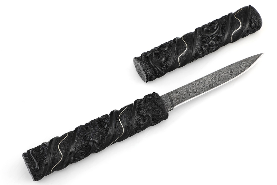 Нож Дамский №4 дамаск черный граб инкрустация резьба деревянные ножны