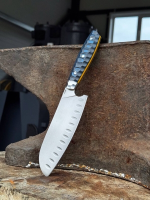 Нож Сантоку средний (широкий) Elmax G10 камень синяя ц/м