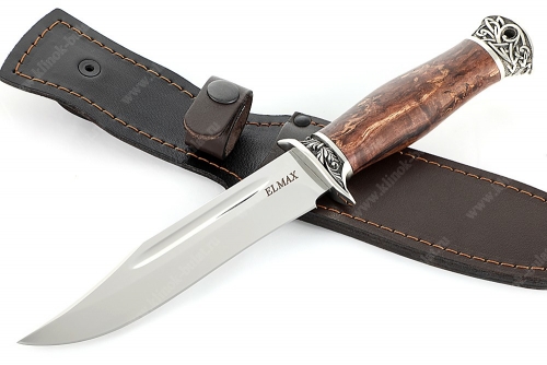 Нож Атака (порошковая сталь ELMAX, коричневая стабилизированная карельская берёза - мельхиор)