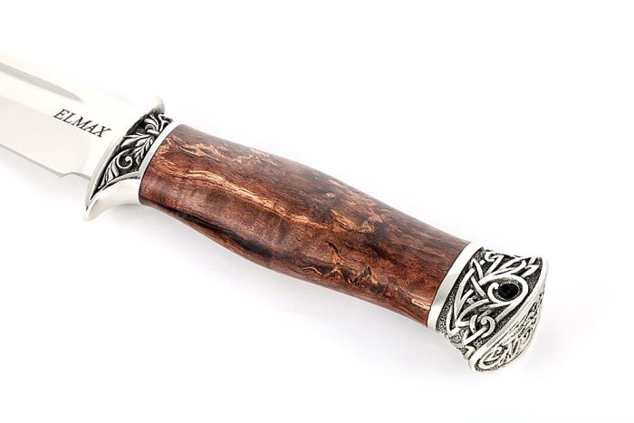 Нож Атака (порошковая сталь ELMAX, коричневая стабилизированная карельская берёза - мельхиор)