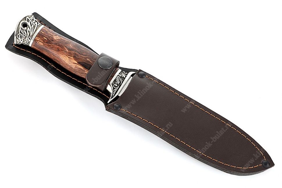 Нож Атака (порошковая сталь ELMAX, коричневая стабилизированная карельская берёза - мельхиор)