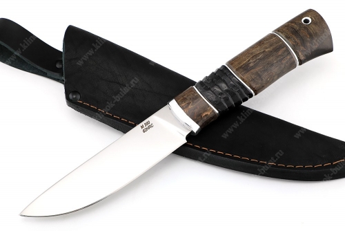 Нож Рысь (порошковая сталь M390, стабилизированная карельская берёза, вставка чёрный граб) резьба по дереву