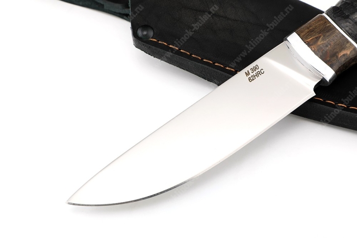 Нож Рысь (порошковая сталь M390, стабилизированная карельская берёза, вставка чёрный граб) резьба по дереву