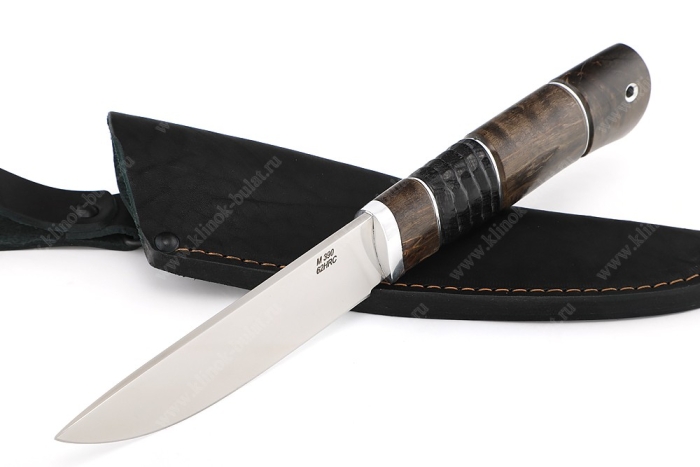 Нож Рысь (порошковая сталь M390, стабилизированная карельская берёза, вставка чёрный граб) резьба по дереву