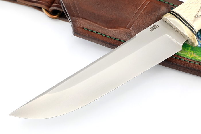 Нож Осётр порошковая сталь М390, элфорин (скримшоу), формованные ножны