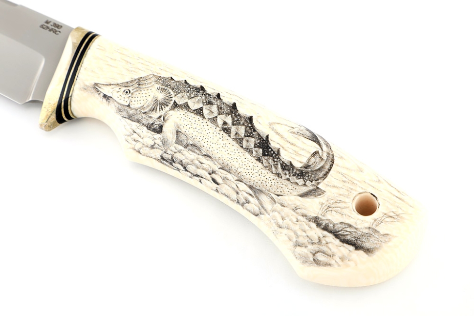 Нож Осётр порошковая сталь М390, элфорин (скримшоу), формованные ножны