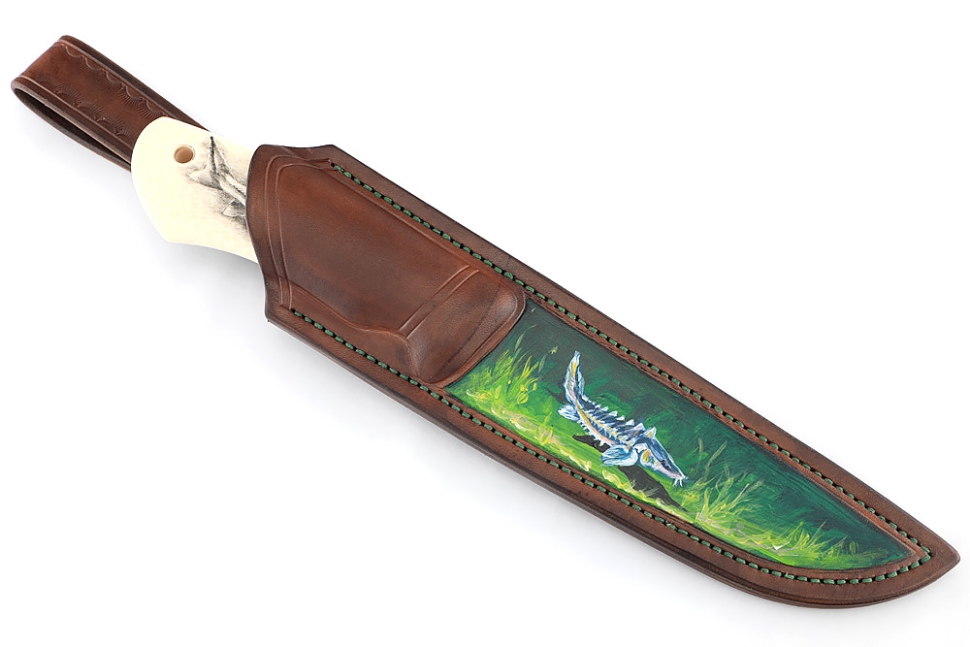 Нож Осётр порошковая сталь М390, элфорин (скримшоу), формованные ножны