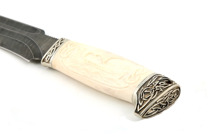 Нож Викинг (дамаск - долы, рог лося - мельхиор), резьба ручной работы
