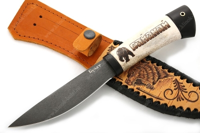 Нож Северный малый (булат, рукоять рог лося - чёрный граб, выжигание на кости) ножны из бересты
