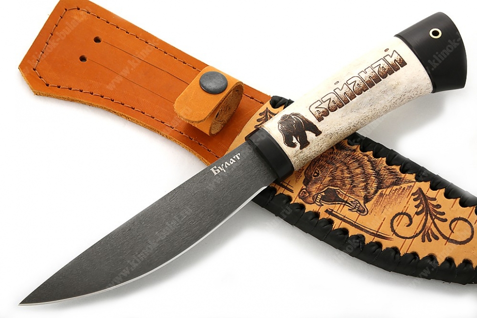 Нож Северный малый (булат, рукоять рог лося - чёрный граб, выжигание на кости) ножны из бересты