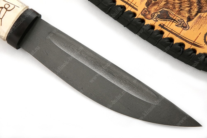 Нож Северный малый (булат, рукоять рог лося - чёрный граб, выжигание на кости) ножны из бересты