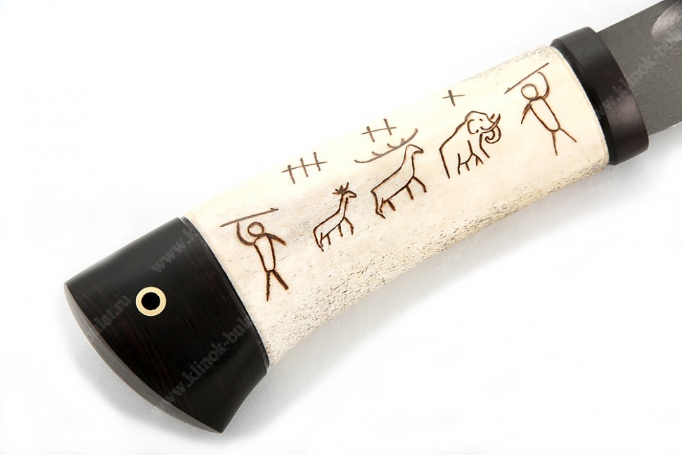 Нож Северный малый (булат, рукоять рог лося - чёрный граб, выжигание на кости) ножны из бересты
