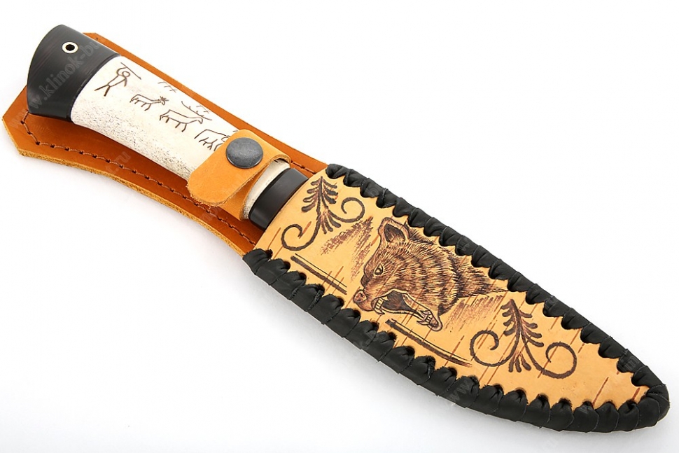 Нож Северный малый (булат, рукоять рог лося - чёрный граб, выжигание на кости) ножны из бересты