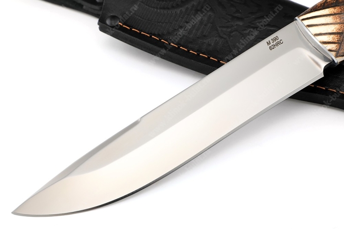 Нож Таран (порошковая сталь M390, рукоять наборная стабилизированная карельская берёза, рог лося, выжигание на кости)