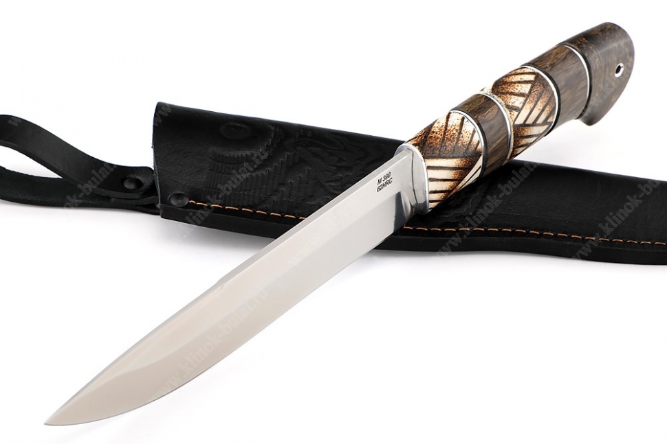 Нож Таран (порошковая сталь M390, рукоять наборная стабилизированная карельская берёза, рог лося, выжигание на кости)