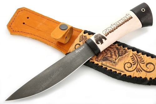 Нож Якутский большой (булат, рукоять рог лося - чёрный граб, выжигание на кости) ножны из бересты 