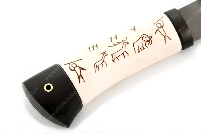 Нож Северный большой (булат, рукоять рог лося - чёрный граб, выжигание на кости) ножны из бересты 