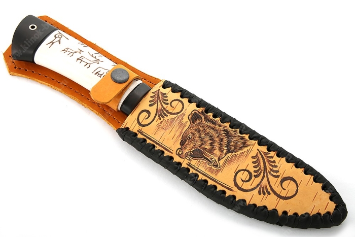 Нож Северный большой (булат, рукоять рог лося - чёрный граб, выжигание на кости) ножны из бересты 