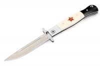 Складной нож Финка НКВД со штифтом открывания сталь 95х18 рукоять белый и чёрный акрил с красной звездой