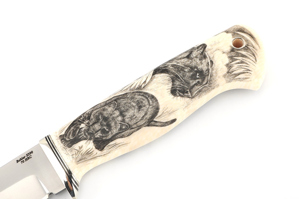 Нож Пантера S390, рукоять элфорин (скримшоу), формованные ножны