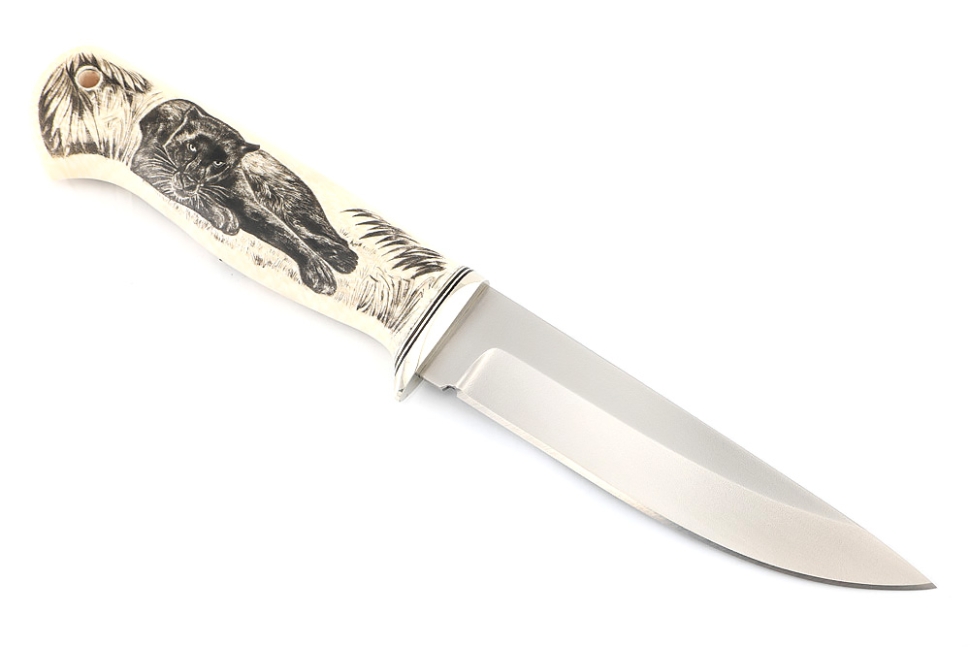 Нож Пантера S390, рукоять элфорин (скримшоу), формованные ножны