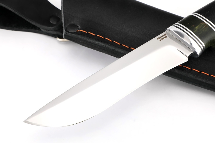 Нож Соболь х12МФ, вставка карельская береза зеленая, чёрный граб