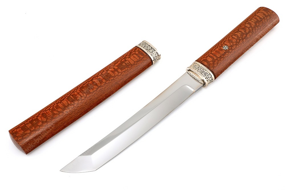 Нож Самурай большой (порошковая сталь М390, лайсвуд, мельхиор, мозаичный пин) деревянные ножны - купить нож, фото, цена, доставка.