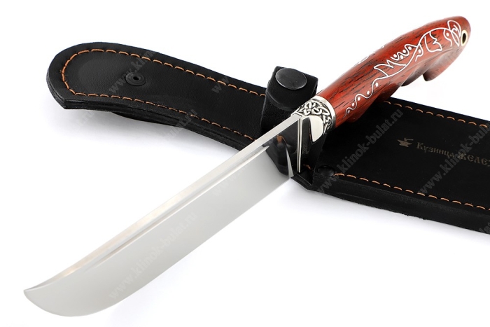 Нож Узбек-2 (S390, падук, резная рукоять, инкрустация) мозаичная втулка под темляк