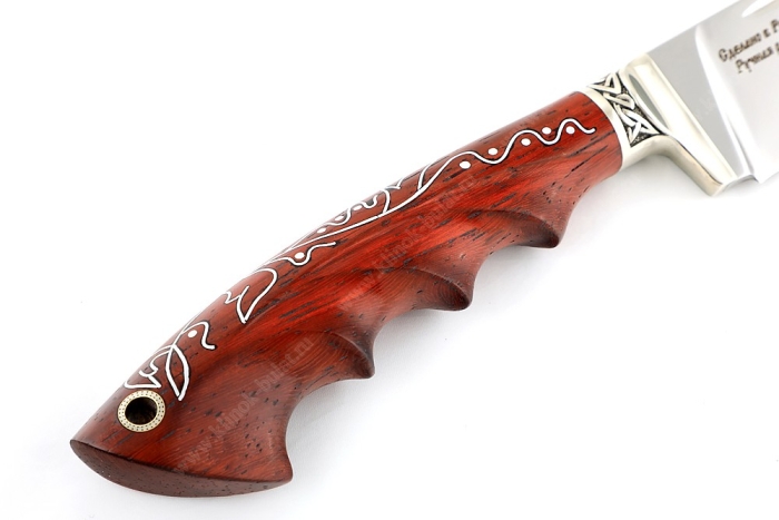 Нож Узбек-2 (S390, падук, резная рукоять, инкрустация) мозаичная втулка под темляк