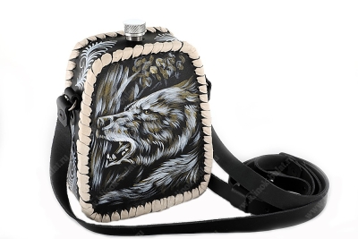 Фляжка пирамида 0,7 литра из нержавеющей стали в чехле из чёрной кожи (ручная роспись)