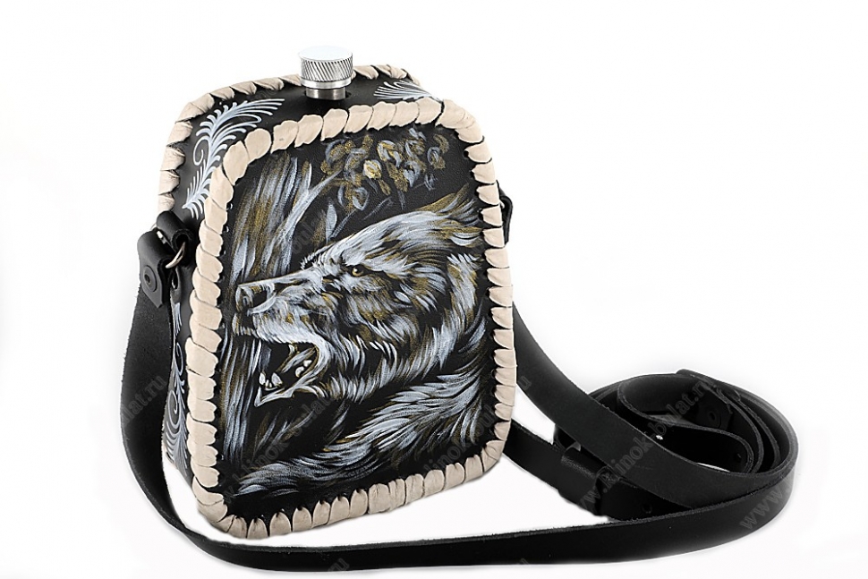 Фляжка пирамида 0,7 литра из нержавеющей стали в чехле из чёрной кожи (ручная роспись)