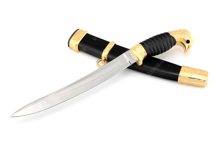 Миниатюра казачей шашки (порошковая сталь ELMAX, чёрный граб, латунь, разборная) деревянные ножны