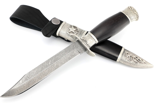 Нож разведчика НР-40 сталь дамаск мельхиор, деревянные ножны черный граб