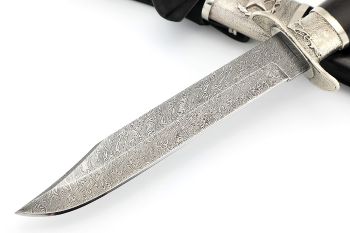 Нож разведчика НР-40 сталь дамаск мельхиор, деревянные ножны черный граб