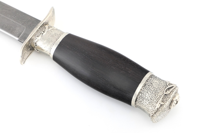 Нож разведчика НР-40 сталь дамаск мельхиор, деревянные ножны черный граб