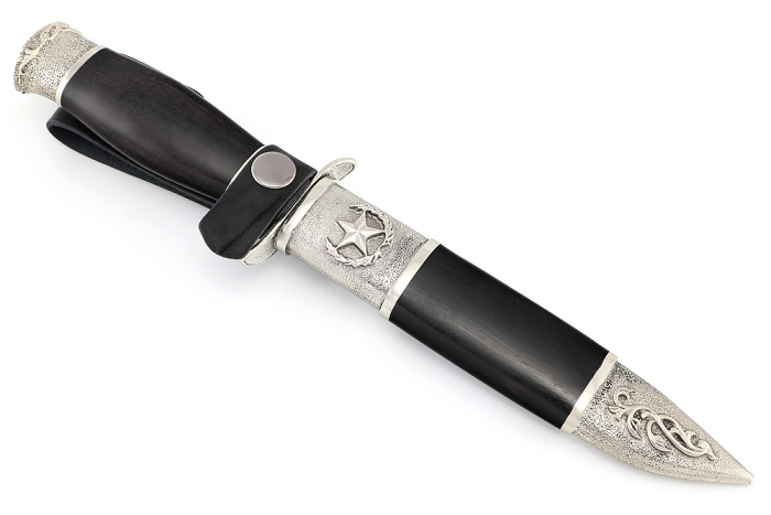 Нож разведчика НР-40 сталь дамаск мельхиор, деревянные ножны черный граб