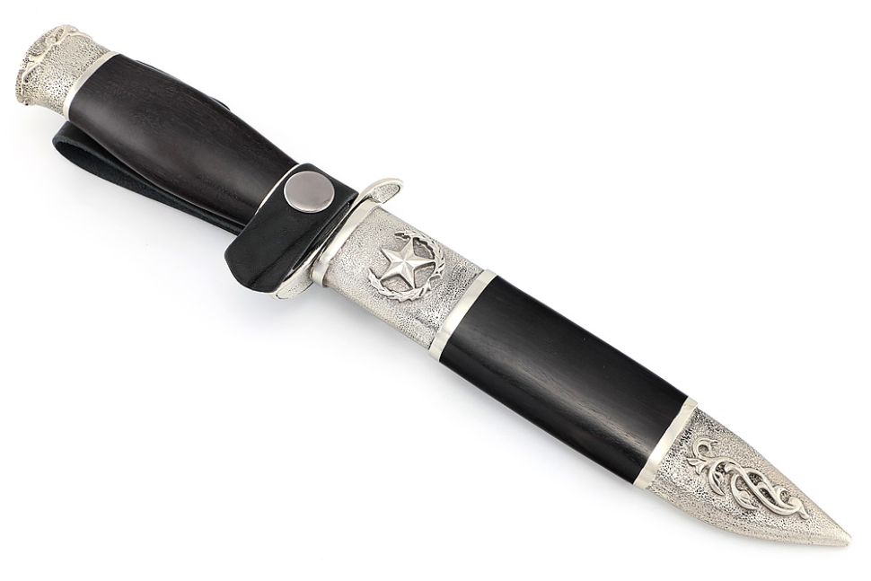 Нож разведчика НР-40 сталь дамаск мельхиор, деревянные ножны черный граб