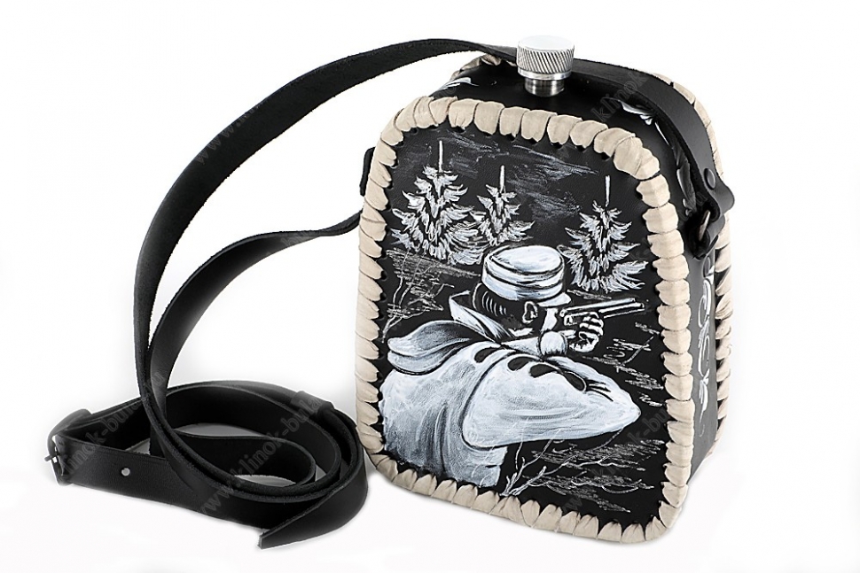 Фляжка пирамида 1 литр из нержавеющей стали в чехле из чёрной кожи (ручная роспись)