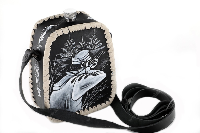 Фляжка пирамида 1 литр из нержавеющей стали в чехле из чёрной кожи (ручная роспись)