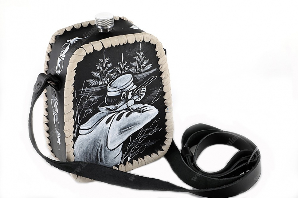 Фляжка пирамида 1 литр из нержавеющей стали в чехле из чёрной кожи (ручная роспись)