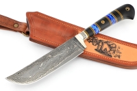 Нож Узбек-2 ламинированный дамаск, рукоять наборная: акрил синий, черный граб, формованные ножны