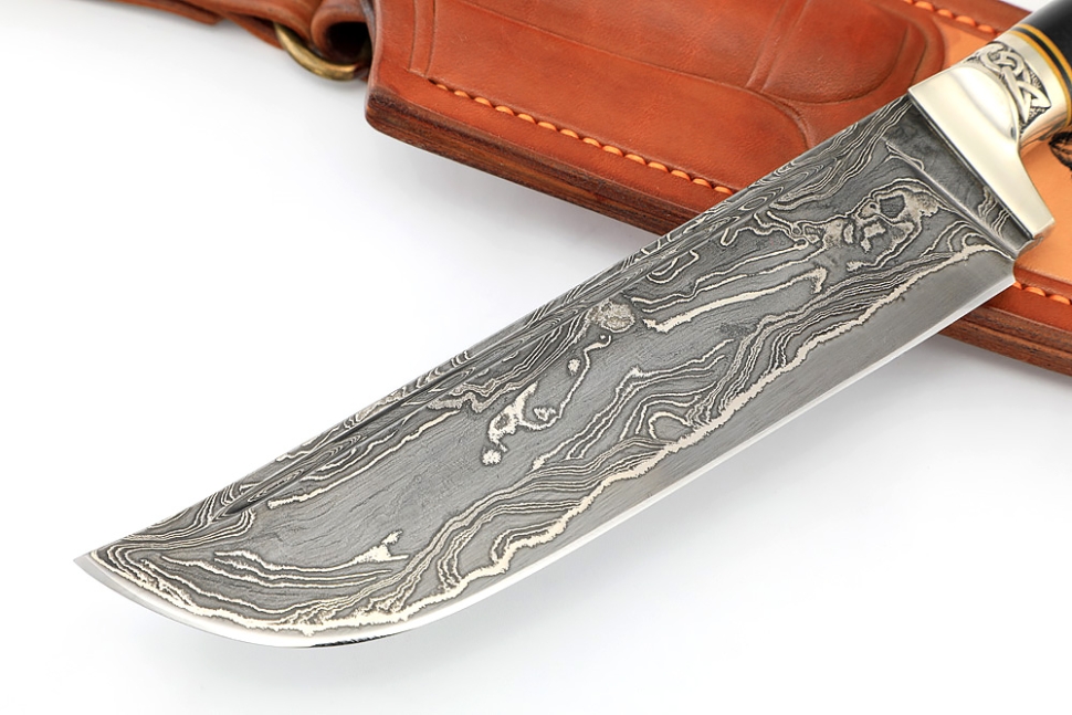 Нож Узбек-2 ламинированный дамаск, рукоять наборная: акрил синий, черный граб, формованные ножны