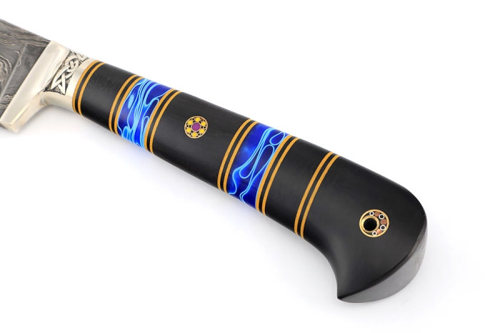 Нож Узбек-2 ламинированный дамаск, рукоять наборная: акрил синий, черный граб, формованные ножны