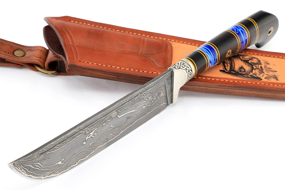 Нож Узбек-2 ламинированный дамаск, рукоять наборная: акрил синий, черный граб, формованные ножны