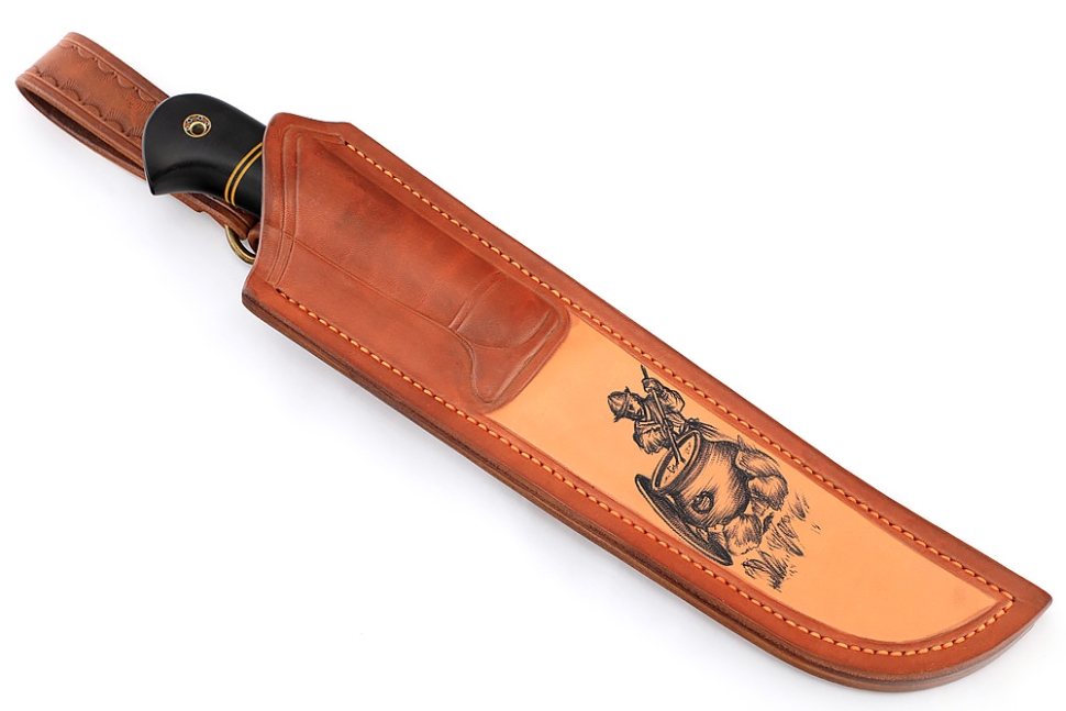 Нож Узбек-2 ламинированный дамаск, рукоять наборная: акрил синий, черный граб, формованные ножны