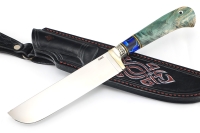 Нож Узбек (порошковая сталь ELMAX, вставка акрил синий, кап клена зеленый) формованные ножны