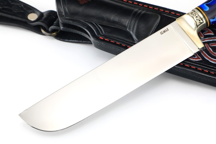 Нож Узбек (порошковая сталь ELMAX, вставка акрил синий, кап клена зеленый) формованные ножны